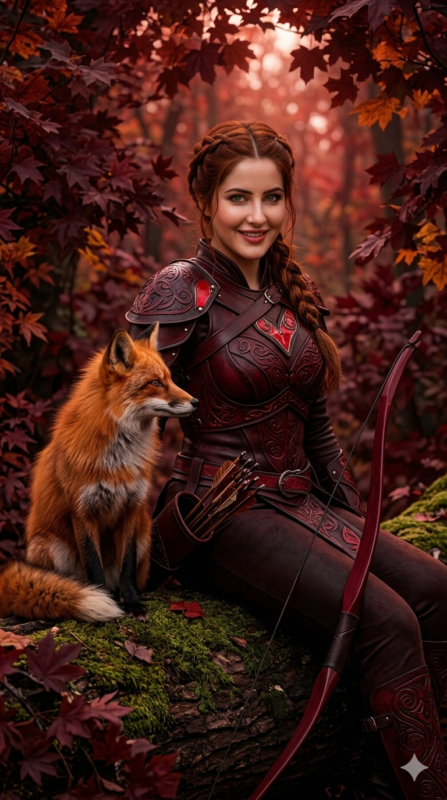 Cinematic AI Fantasy Archer Portrait with Red Fox in Autumn Forest
