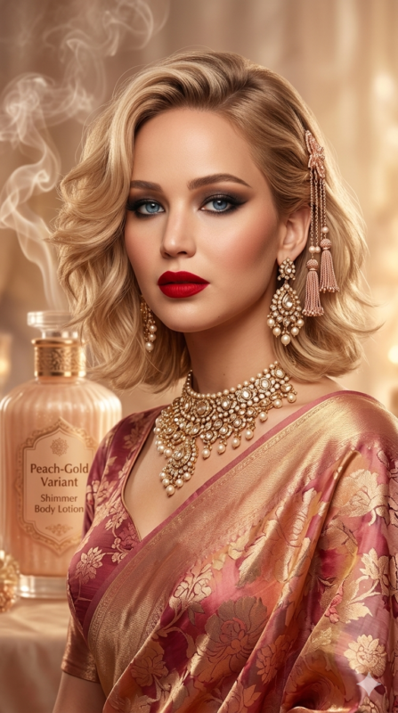 Rose Rhapsody Saree Portrait AI Prompt with Peach Gold Aesthetic