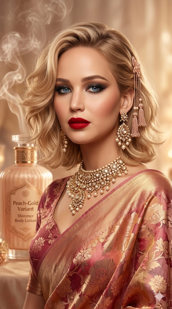 Rose Rhapsody Saree Portrait AI Prompt with Peach Gold Aesthetic