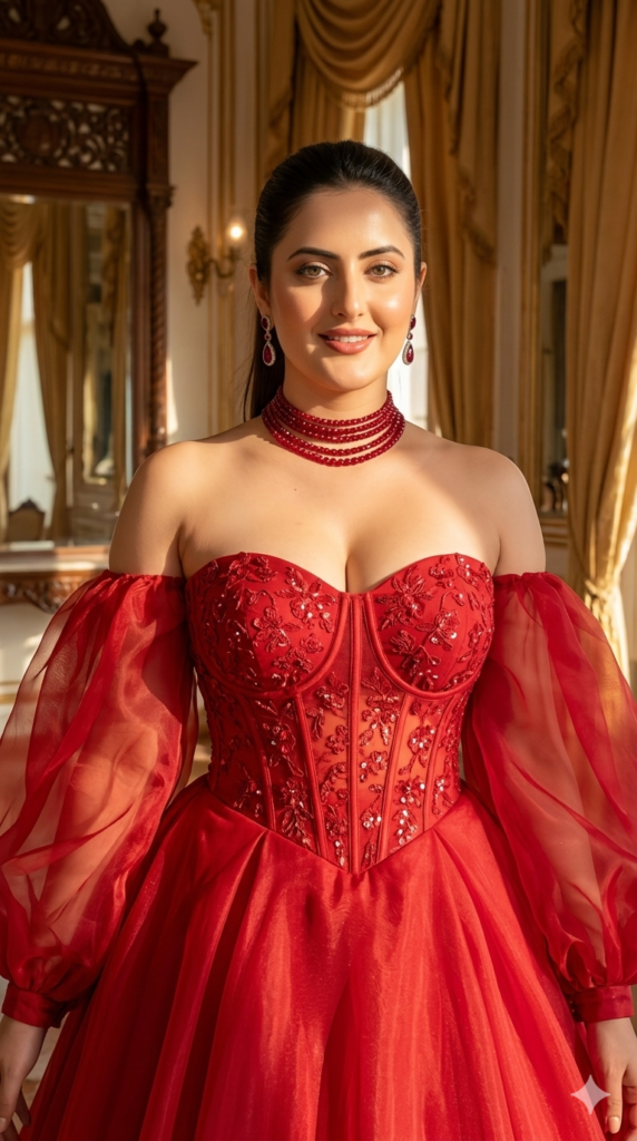 Luxury Red Ballgown South Asian Portrait AI Prompt