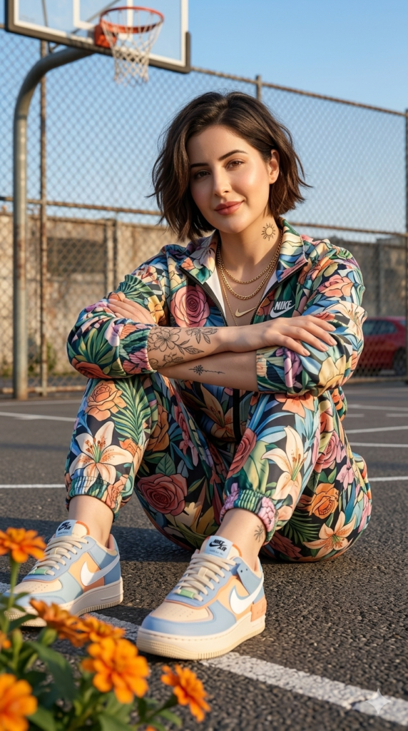 Ultra-Realistic Streetwear Woman on Basketball Court – Nike Tracksuit AI Prompt