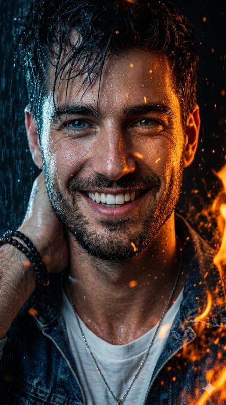 Fire & Rain Duality Portrait (Ultra-Realistic Cinematic 64K Look)