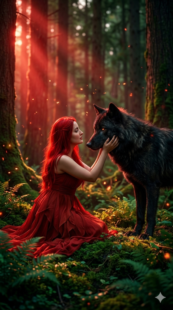 Red Forest Wolf Fantasy AI Prompt