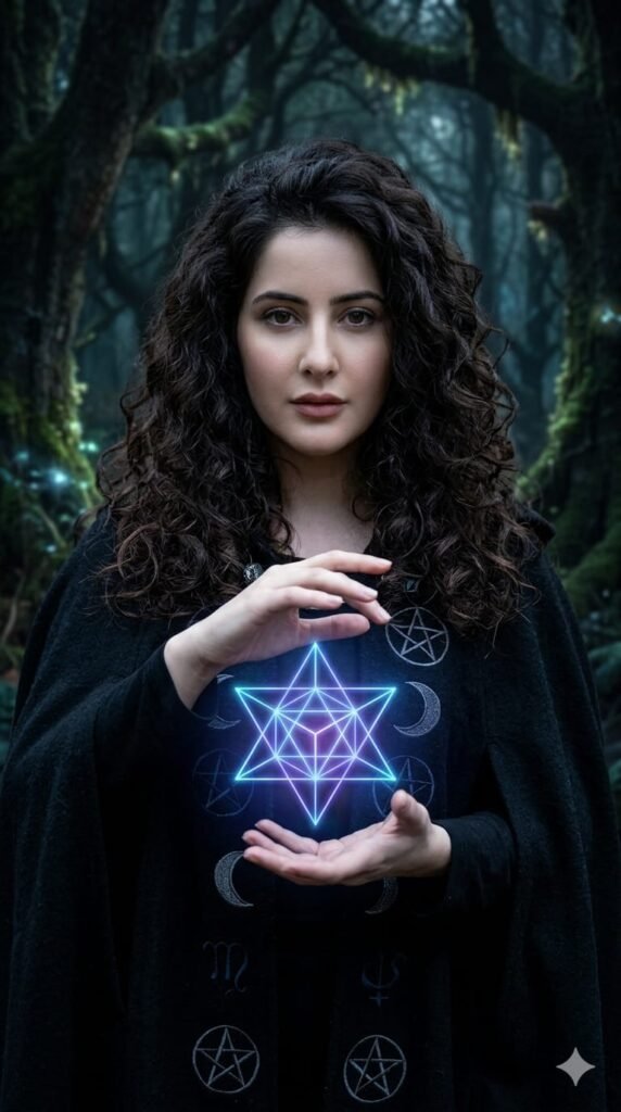 Mystical AI Portrait with Glowing Geometric Star Energy Effect