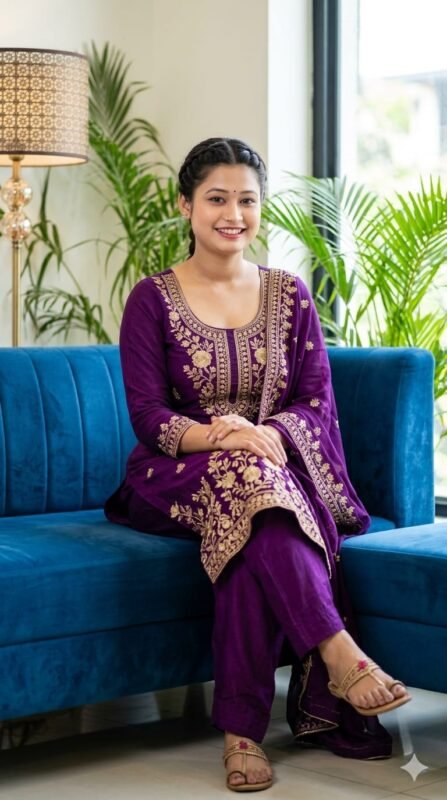 Elegant South Asian Woman in Purple Salwar Kameez Embroidery – AI Photo Prompt