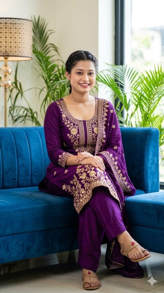 Elegant South Asian Woman in Purple Salwar Kameez Embroidery – AI Photo Prompt