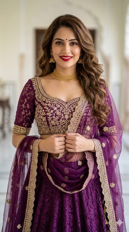 Ultra Realistic Purple Lehenga Woman Portrait – AI Image Prompt