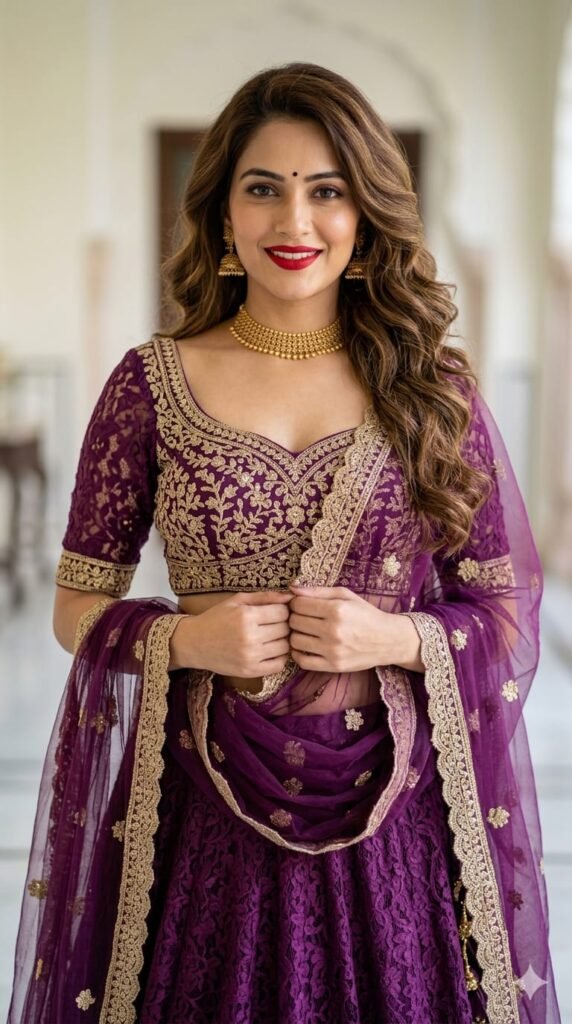 Ultra Realistic Purple Lehenga Woman Portrait – AI Image Prompt