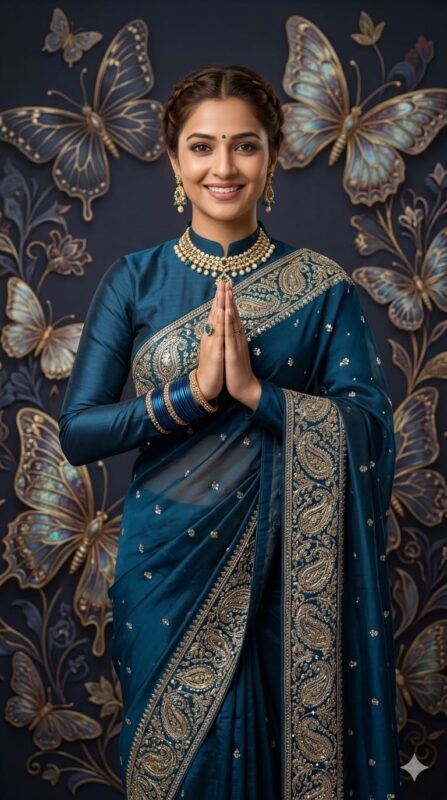 Realistic 16K Blue Saree Butterfly Theme AI Portrait Prompt