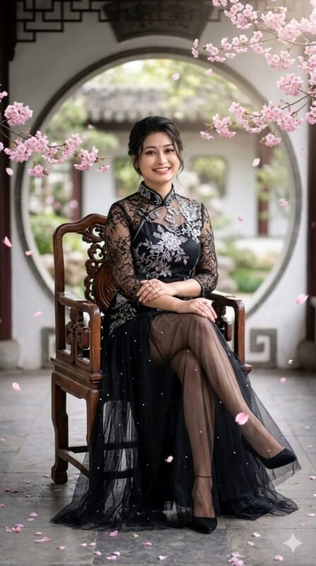 Elegant Woman Black Qipao Editorial Portrait AI Prompt