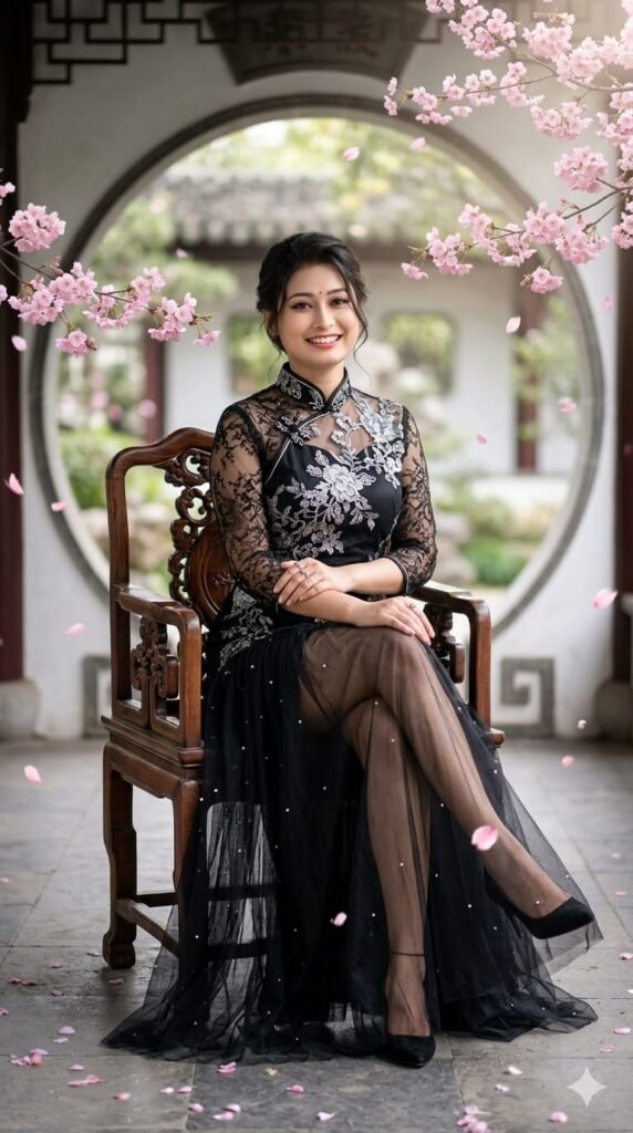 Elegant Woman Black Qipao Editorial Portrait AI Prompt