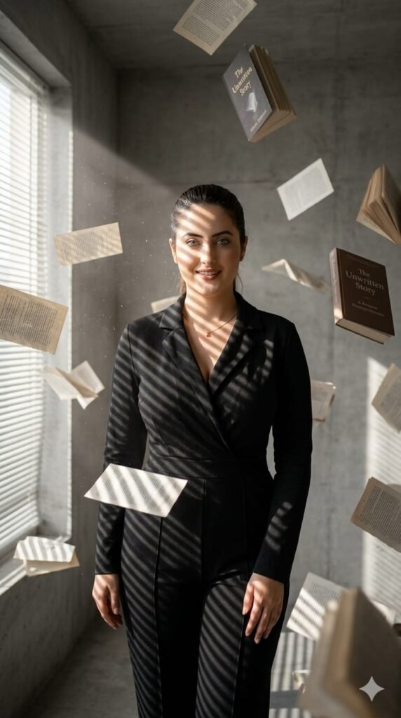 Cinematic Woman Portrait with Floating Books
