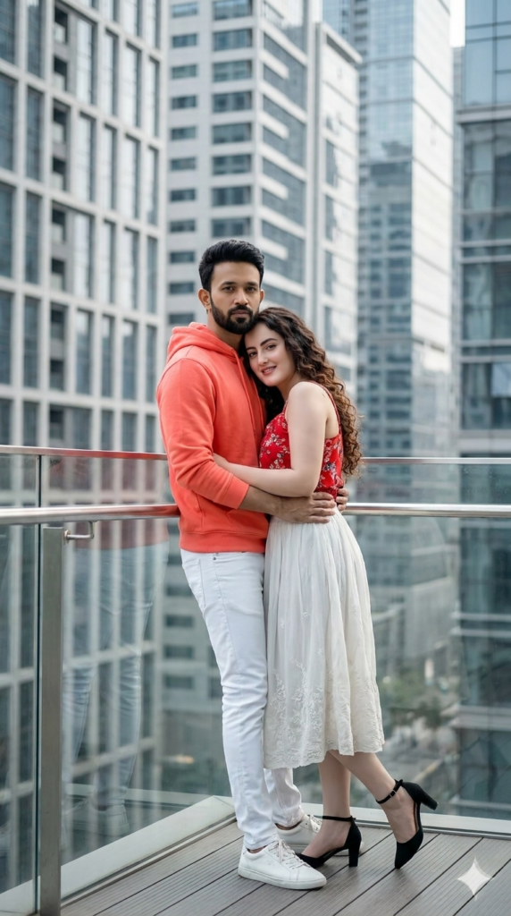 Romantic Urban Couple Balcony Portrait AI Prompt