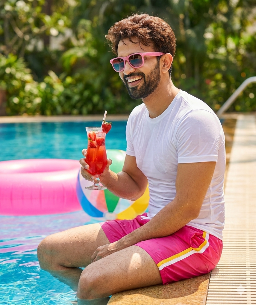Vibrant Summer Poolside AI Portrait Prompt