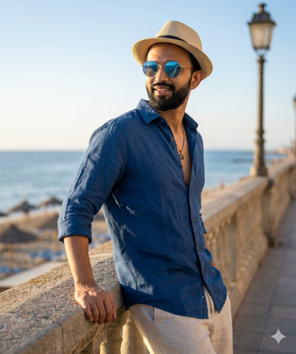 Stylish Seaside Golden Hour Male Portrait AI Prompt
