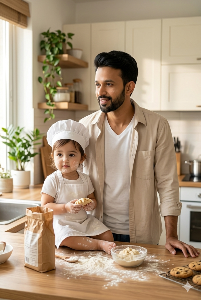 Warm Father & Toddler Chef Lifestyle AI Photo Prompt