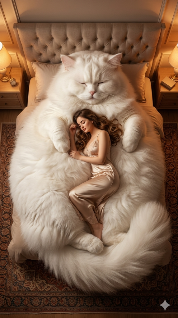 Giant Fluffy Cat Fantasy Bed Scene AI Prompt