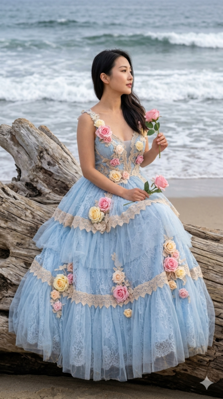 Ocean Rose Gown Portrait AI Prompt