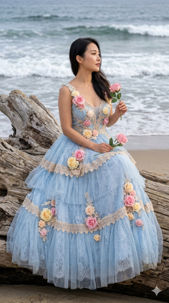 Ocean Rose Gown Portrait AI Prompt