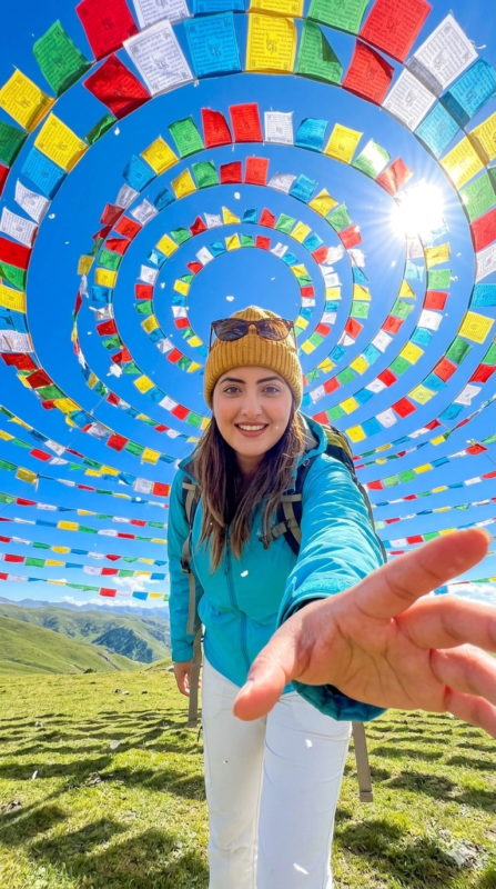 Epic Alpine Prayer Flag Travel Selfie AI Prompt