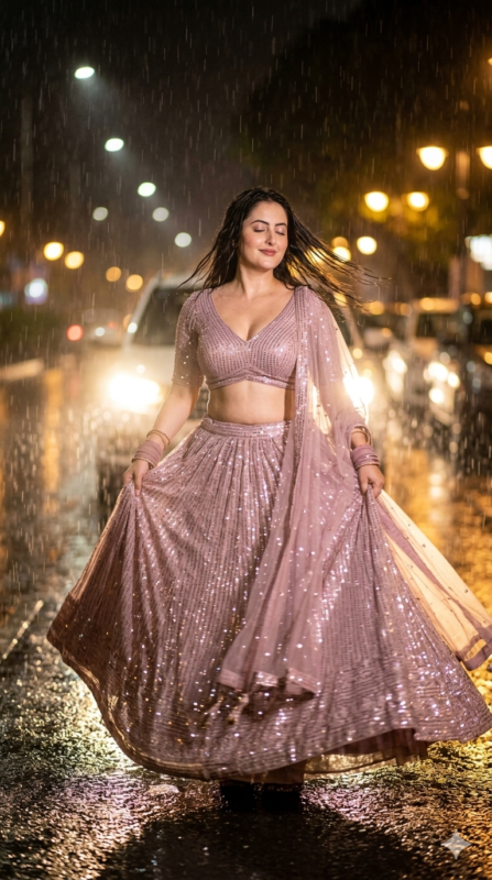 Rainy Night Lehenga Twirl AI Portrait