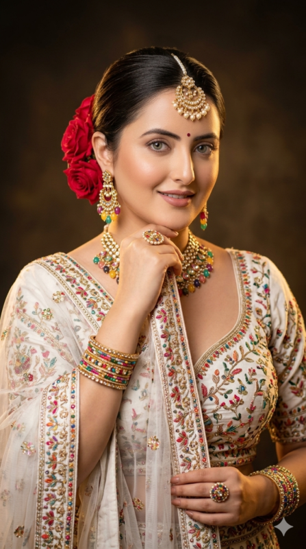 Elegant White Lehenga Bridal Portrait AI Prompt