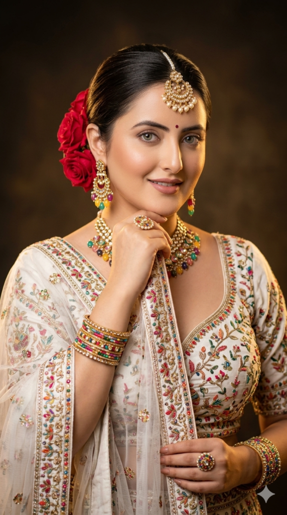 Elegant White Lehenga Bridal Portrait AI Prompt