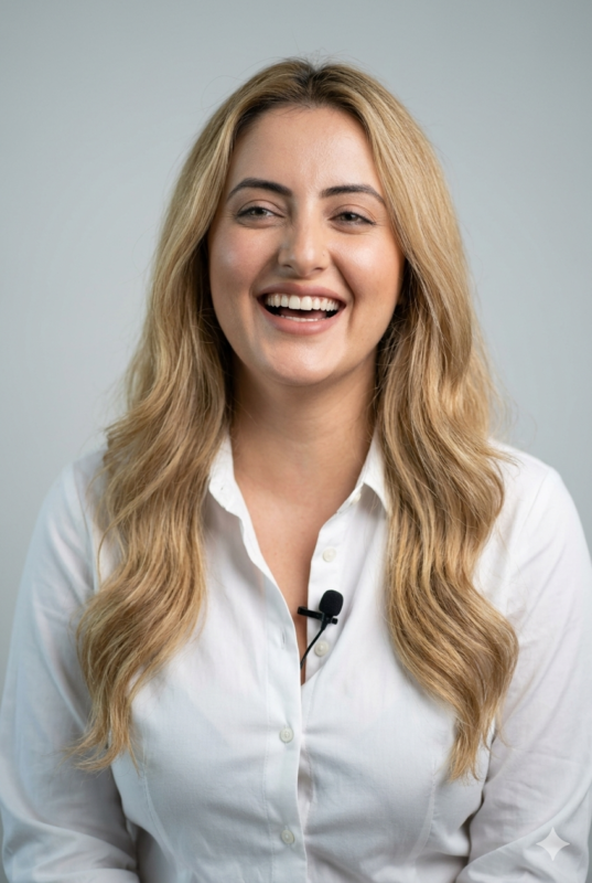 Laughing Blonde Woman Studio Portrait in 8K