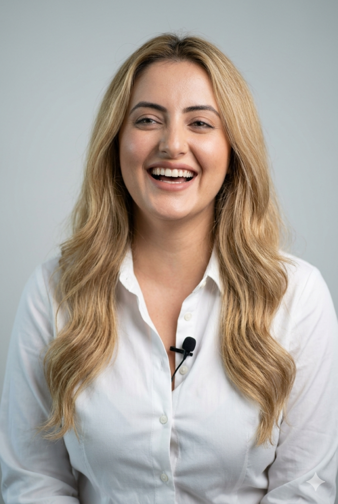 Laughing Blonde Woman Studio Portrait in 8K