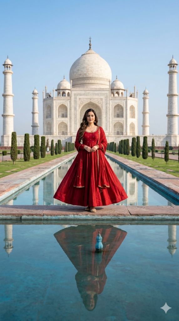 Taj Mahal Red Gown AI Portrait