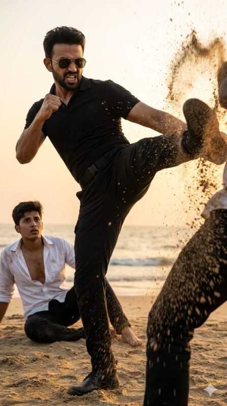 Cinematic Beach Fight Action AI Prompt